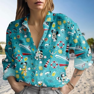 Disney Cruise Linen-Look Shirt, Mickey And Friends Cruise Casual Shirt, Mickey Mouse Women Blouse, Disneyland Beach Shirt, Button Shirt