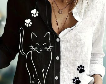 Cat Blouse Shirt, Cat Button Up Shirt, Funny Cat Casual Shirt, Cat Mom Women Blouse, Pet Lover Shirt, Cute Cat Lovers, Gift For Her