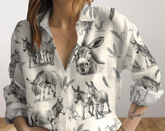 Camicetta con motivo asino, camicetta da donna per amanti degli asini, graziosa camicia a maniche lunghe, camicia con animali da fattoria, camicia da contadina, camicia con bottoni