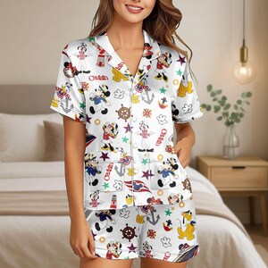 Disney Cruise Satin Pajamas Set, Mickey And Friends Cruise Short Pajamas, Minnie Donald Daisy Goofy Women Pajamas, Mickey Sleepwear