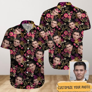 Gepersonaliseerde Hawaïaans shirt met gezicht, shirt met aangepaste fotoknop voor mannen vrouwen vader moeder huisdier familie, Hawaii-shirt tropische bloem