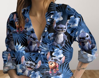 Lilo And Stitch Women's Blouse, Disney Family Outfit, Stitch Aloha Button Shirt, Tropical Summer Trip Clothes, Stitch Long Sleeve Shirt