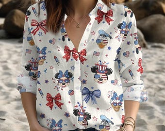 Chemise décontractée patriotique Disney 4 juillet avec nœud Mickey et ses amis, chemisier femme 4 juillet Disneyland Family America