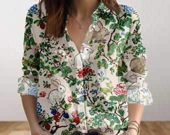 Woodland Rabbit Blouse Shirt, Vintage Botanical Bunny Women Shirt, Nature Floral Button Up Shirt, Bunny Lovers Shirt, Easter Day Gifts