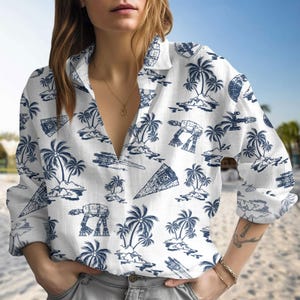 Disney Star Wars Linen-Look Shirt, Star Wars Casual Shirt, Galaxy&#39;s Edge Women Blouses, Spaceship Battle Long Sleeve Shirt Gift For Her