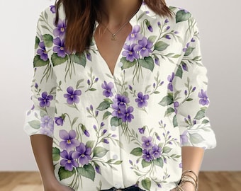 February Birth Flower Violet Blouse Shirt, Purple Wildflower Women Shirt, Botanical Button Up Shirt, Casual Top, Summer Gift For Her