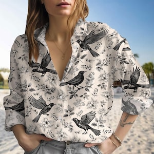 Bird Shirt, Hummingbird Blouses Shirt, Women Blouse, Nature Tropical Shirt, Animal Button Shirt, Summer Beach Shirt, Bird Lovers Gifts