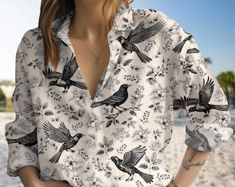 Bird Shirt, Hummingbird Blouses Shirt, Women Blouse, Nature Tropical Shirt, Animal Button Shirt, Summer Beach Shirt, Bird Lovers Gifts