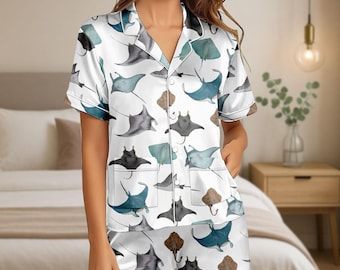Vintage Sharks Short Satin Pajamas Set, Sea Animals Women Pajamas, Ocean Sleepwears, Sea Life, Ocean Lover Shirt, Marine Biologist Gift