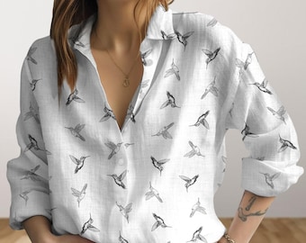 Hummingbird Blouses Shirt, Hummingbird Lover Women Blouses, Bird Women&#39;s Clothing, Nature Long Sleeve Shirt, Animal Shirt, Gift For Her