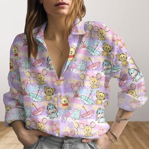 Winnie The Pooh Women Blouse, Pooh And Friend Button Up Shirt, Pooh Long Sleeve Shirt, Honey Bear, Disney Family Vacation, Gift For Her