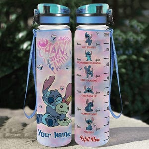 Custom Stitch Ohana Means Family Water Bottle Tracker, Lilo And Stitch Water Bottle, Disney Movie 32oz Water Bottle Motivational Bottle