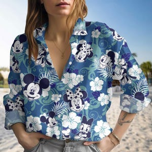 Mickey And Friends Linen-Look Shirt, Disneyland Women Blouse, Mickey Minnie Donald Daisy Goofy Pluto Button Up Shirt, Disney Trip Shirt