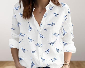 Vintage Dinosaurs Blouse Shirt, Dinosaur Lover Women Shirt, Funny Dino Family Vacation Casual Shirt, Retro Long Sleeve Top Gift For Her