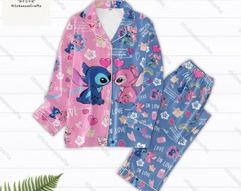 Stitch And Angel Pajamas Set, Disney Matching Pajamas, Lilo Stitch Pajamas Christmas, Stitch Pajamas Family, Birthday Gift For Her Him