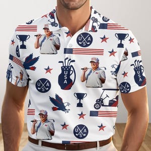 Trump Golf USA Polo Shirt, American Flag Polo For Men, Funny 4th of July Golf Shirt, MAGA Gift, Summer Button Up Shirt, Golf Love Shirt
