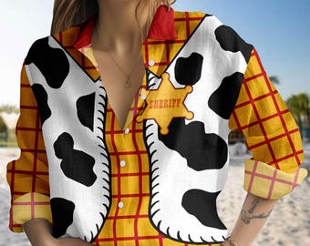 Halloween Sheriff Woody Button Up Shirt, Woody Costume Cosplay, Disney Toy Story Movie Women Blouse, Cartoon Summer Shirt Gift For Her