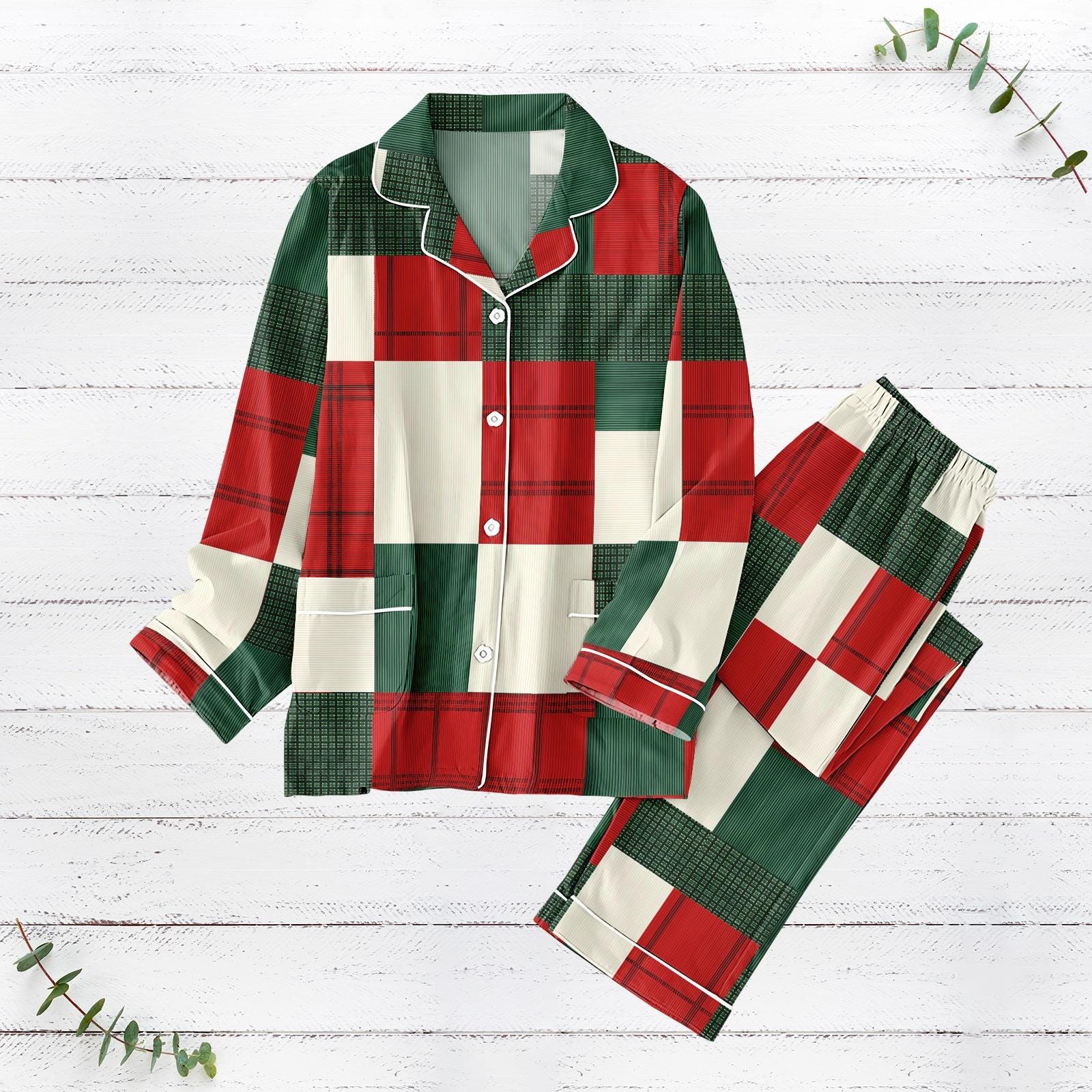 Discover Red Green Plaid Christmas Pajamas Set, Plaid Patchwork Set Of Pajamas, Funny Holiday Pajamas For Family