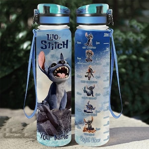 Custom Lilo And Stitch Water Bottle Tracker, Stitch Movie Water Bottle, Disney 32oz Water Bottle, Motivational Bottle, Sport Bottle