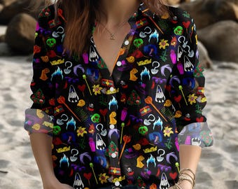 Disney Villains Button Up Shirt, Bad Villains Blouse Shirt, Maleficent Evil Queen Ursula Cruella Shirt, Bad Girls Top, Halloween Gift