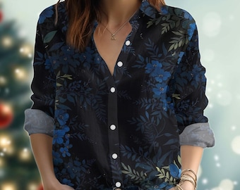 Blue Floral Blouse Shirt, Botanical Button Up Shirt, Nature Summer Vacation Top, Gardening Casual Shirt For Her, Cottagecore Gift Idea