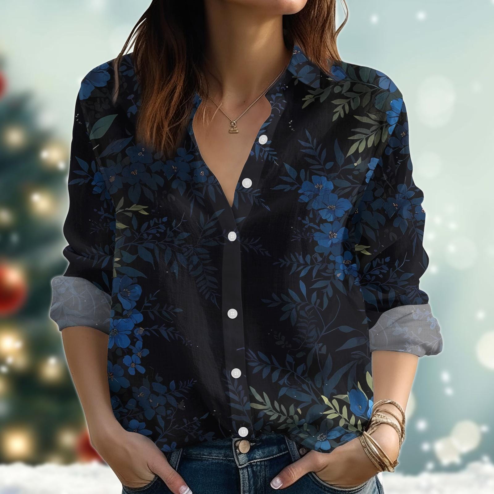 Discover Blue Floral Blouse for Women, Summer Vacation Gardening Top, Cottagecore Casual Shirt
