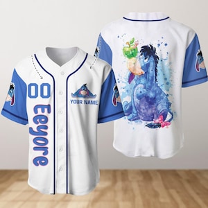 Camiseta de béisbol personalizada de acuarela de Eeyore y Winnie the Pooh, camiseta personalizada de Disney, camiseta deportiva de dibujos animados para vacaciones familiares, regalo para fanáticos de Mickey