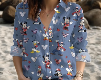 Mickey And Friends 4th Of July Women Blouse, Mickey Mouse Button Up Shirt, Patriotic Memorial Day, Disney 4th Of July Long Sleeve Shirt