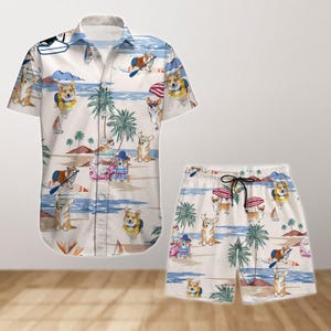 Corgi Button Shirt And Shorts, Corgi Dog Hawaiian Shirt, Corgi Lover Gifts, Aloha Shirt, Beach Shirt, Summer Shirt, Vacation Shirt