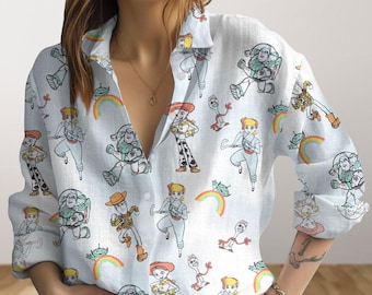 Disney Toy Story Women Blouse, Magical Castle Long Sleeve Shirt, Woody Buzz Lightyear Button Down Shirt, Toy Story Lover, Gift For Her