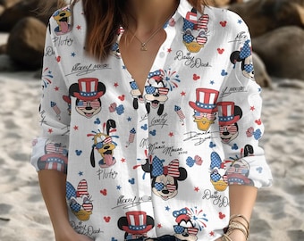 Musse Pigg och vänner 4 juli-skjorta i linne-look, sommarskjorta, Disney 4 juli-blus för kvinnor, patriotiska minnesdagen, högtidsskjorta