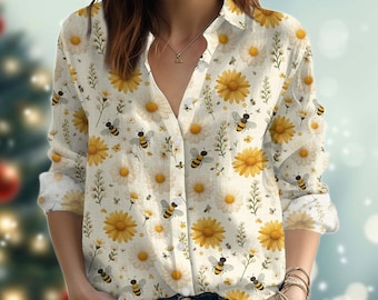 Bee Sunflower Blouse Shirt, Botanical Flowers Women Shirts, Nature Love Button Up Shirt, Floral Flower Women Shirt, Summer Vibes Gift