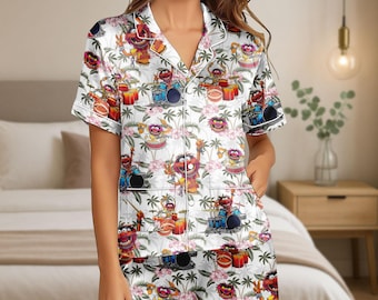 Animal Muppet Satin Pajamas Set, Disney Cartoon Movie Women Pajamas, Shorts Pajamas, Bridesmaid Pajamas, Disney Vacation Gift For Her