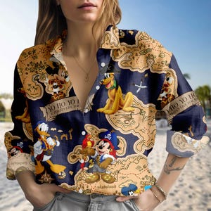 Mickey And Friends Pirates of the Caribbean Women Blouse, Mickey Pirates Casual Shirt, Disney Pirates Linen-Look Shirt, Button up Shirt