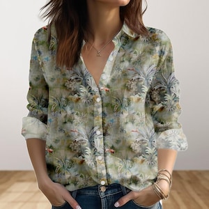 Vintage Jungle Forest Linen-Look Shirt, Tropical Blouse Shirt, Nature Love Casual Women Shirt, Summer Holiday Button Shirt Gift For Her