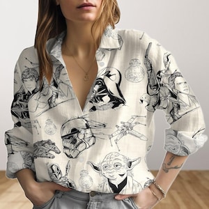 Star Wars Blouses Shirt, Disney Star Wars Women Blouses, Star Wars Characters Long Sleeve Shirt, Galaxy&#39;s Edge  Button Down Shirt