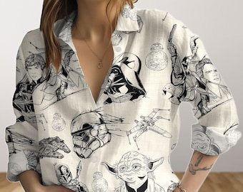 Shirt Star Wars-blouse, Disney Star Wars-damesblouse, Star Wars-personagesshirt met lange mouwen, Galaxy's Edge button-down shirt