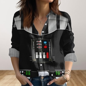 Bluzka z nadrukiem Dartha Vadera, koszula cosplayowa Star Wars, damska koszula Star Wars, strój galaktyczny, koszula na Halloween, koszula lniana