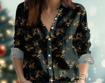 Vintage Bee Floral Blouse Shirt, Dark Green Women Shirt, Nature Casual Shirt, Bee Love Shirt, Button Up Shirt, Retro Shirt