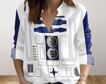 Camisa abotonada de R2D2, disfraz de cosplay de Star Wars, blusa de ciencia ficción, atuendo con temática galáctica, camisa para mujer, camisa de Halloween, regalo para ella.