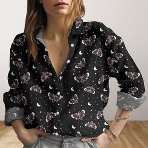 Death Head Moth Women Blouses, Death&#39;s-head Hawkmoth Button Shirt, Acherontia Atropos Casual Shirt, Mystical Shirt, Long Sleeve Blouse