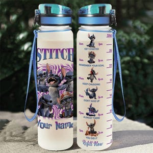 Custom Stitch Movie Water Bottle Tracker, Lilo And Stitch Water Bottle, Disney 32oz Water Bottle, Motivational Bottle, Sport Bottle