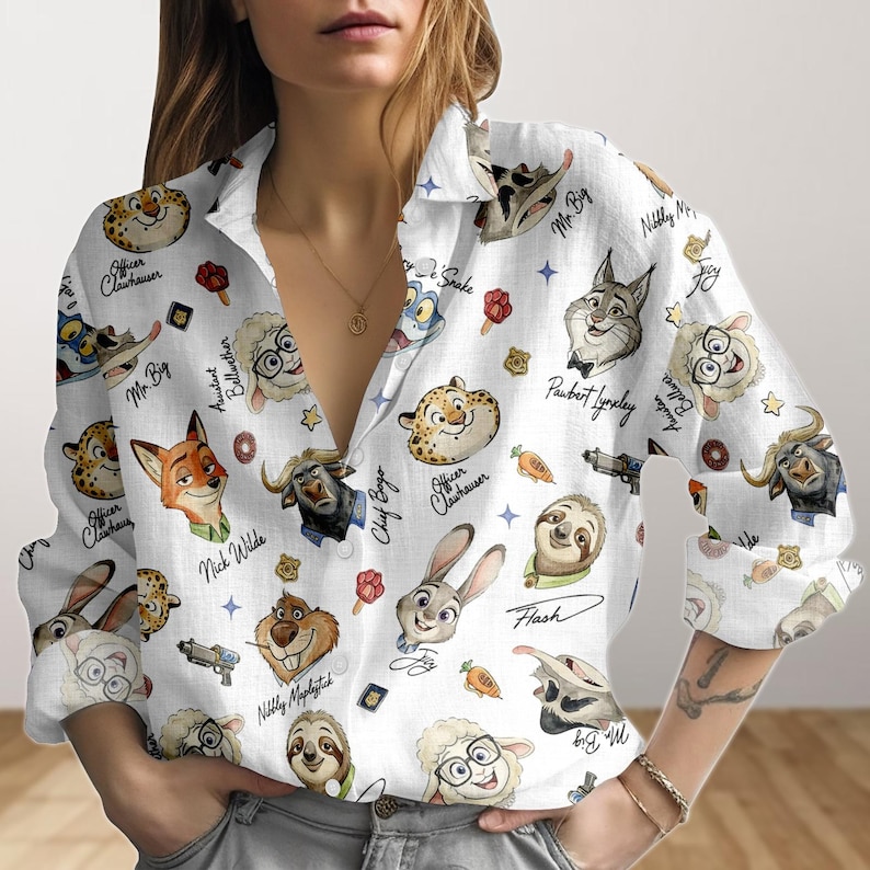 Disney Zootopia Characters Signature Blouse Shirt, Disneyland Blouse Shirt, Zootropolis Judy Hopps Nick Gary Nibbles Bogo Women Shirt