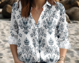 Haunted Mansion Blouse Shirt, Women Shirt, Disney Ghost Linen-Look Shirt, Foolish Mortal Casual Shirt, Disneybound Shirt,Halloween Gift
