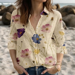 Floral Shirt, Flower Blouse Women Shirt, Casual Shirt, Vacation Top, Artistic Floral Blouse Shirt, Boho Shirt, Gift For Her