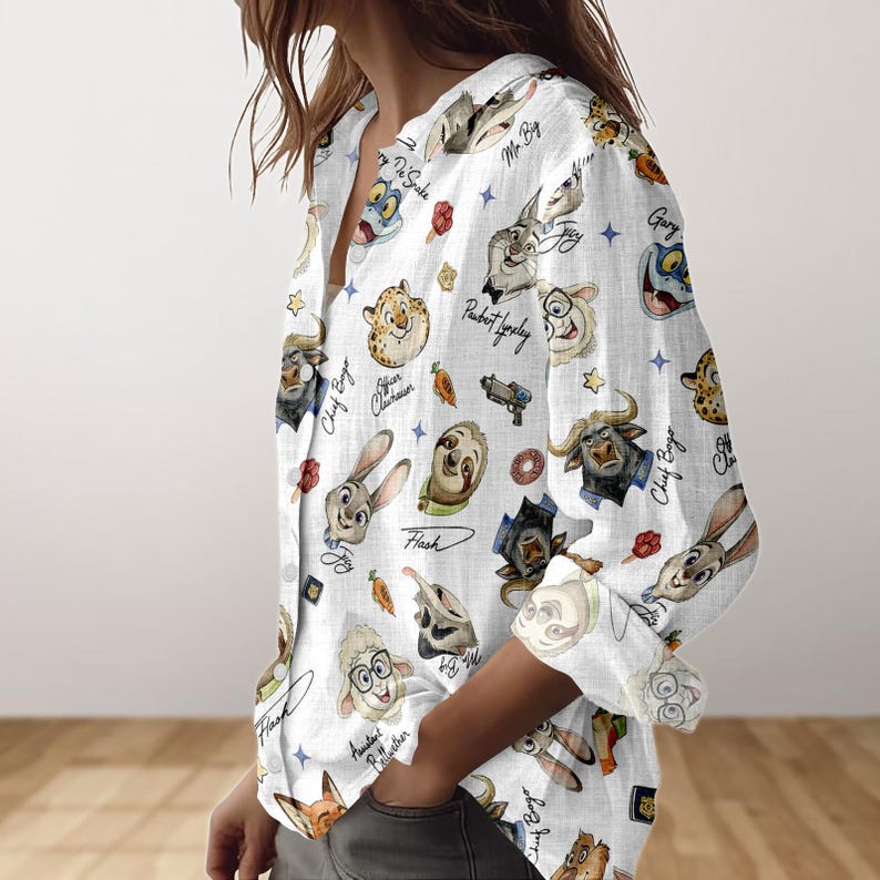 Disney Zootopia Characters Signature Blouse Shirt, Disneyland Blouse Shirt, Zootropolis Judy Hopps Nick Gary Nibbles Bogo Women Shirt