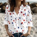 USA Casual Shirt, America Flag Blouse Shirt For Women, 4th Of July Merica Women Shirt, Red White Blue Button Up Shirt, Gift For Her product logo
