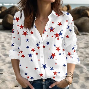 Casual shirt VS, blouse shirt Amerikaanse vlag voor vrouwen, 4 juli Merica damesshirt, rood wit blauw shirt met knopen, cadeau voor haar