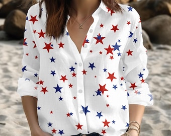 USA Linen-Look Shirt, America Flag Blouse Shirt For Women, 4th Of July Merica Women Shirt, Red White Blue Button Up Shirt, Gift For Her
