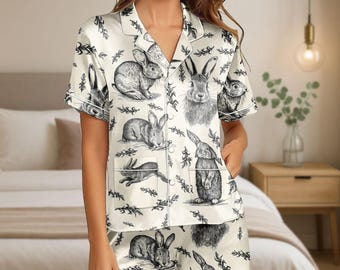 Rabbit Satin Pajamas Set, Rabbit Lover Women Pajamas, Nature Summer Shorts Pajamas, Animal Shirt, Bunny Bridesmaid Pajamas,Gift For Her
